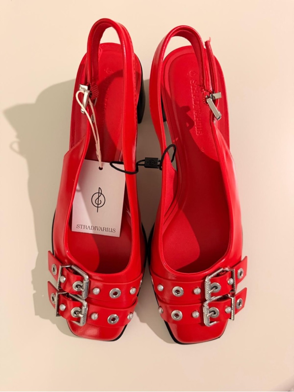 Stradivarius Red Buckle Slingback Mules